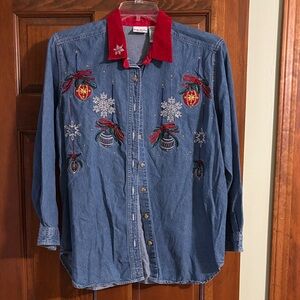 Bobbie Brooks Woman Denim Shirt with Red Collar and Embroidery